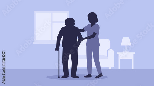 Supportive female nurse assisting an elderly man with a walking stick, a flat vector illustration showing senior healthcare and assistance in a simple room interior