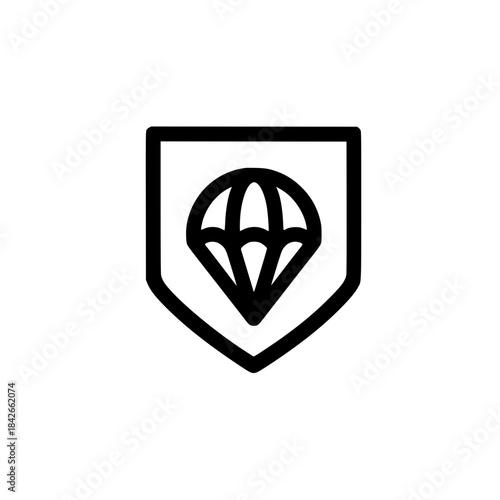 Paragliding illustration inside shield icon representing aerial adventure safety and sustainable tourism concept