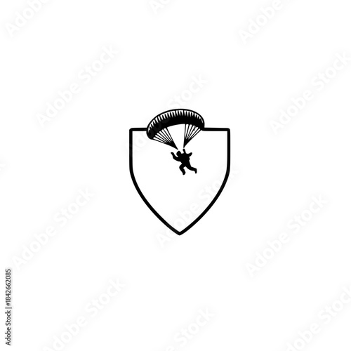 Vector shield with paragliding symbol representing adventure security awareness and recreational mobility idea