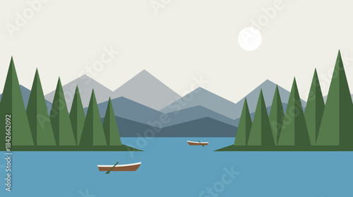 Flat design vector illustration of a serene mountain lake with pine trees, distant peaks, and two small rowboats under a pale sun, creating a tranquil and peaceful scene