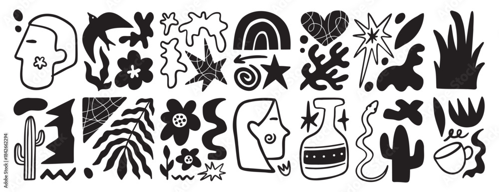 Obraz premium Matisse geometric doodle set organic shapes. Abstract floral naive art. Botanic elements boho aesthetics