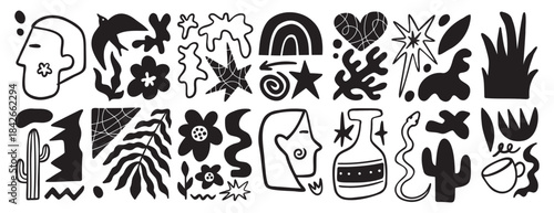 Matisse geometric doodle set organic shapes. Abstract floral naive art. Botanic elements boho aesthetics