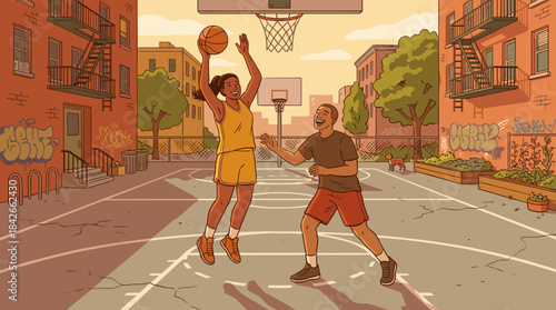 Two young friends playing basketball together on an urban outdoor court with brick buildings and graffiti in the background, illustrated in a warm and friendly cartoon style