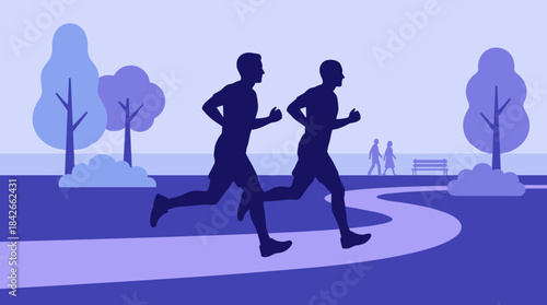Silhouettes of two athletic men jogging together on a winding path through a minimalist park landscape with trees, a concept of healthy lifestyle and outdoor exercise