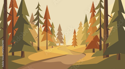 Serene autumn woodland scene illustration with geometric pine trees and a winding dirt road in a flat, minimalist vector style with a warm, earthy color palette