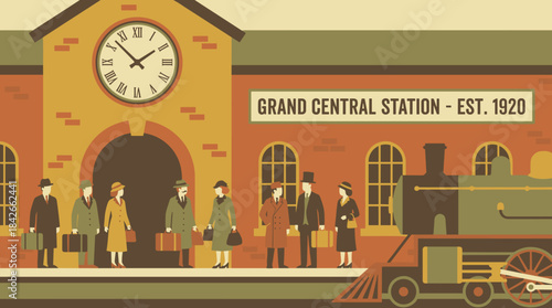 Vintage flat design illustration of travelers with suitcases waiting for a steam locomotive on a platform at an old brick railway station with a large clock