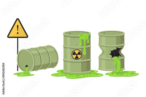 Chemical barrels. Suitable for safety manuals, toxic waste themes, industrial warnings, environmental protection materials, and scientific graphics.