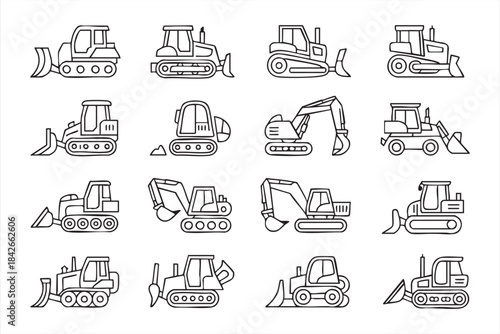 Bulldozers and excavators for engineering, site planning, and project graphics