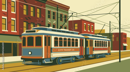 Classic city transit streetcar with two cars moves along tracks in an urban downtown scene with old buildings in a nostalgic, graphic poster art style