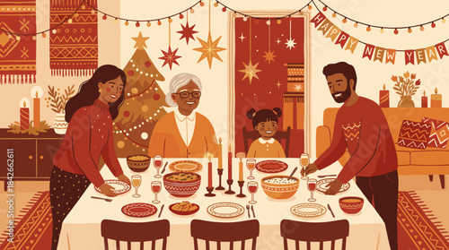 Happy multi-generational family with parents, child, and grandmother setting a festive dinner table for a New Year celebration in a cozy, warmly decorated home