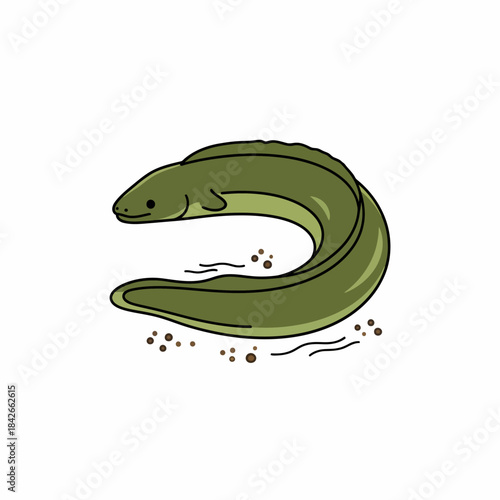 Cartoon illustration of a curved green eel on a white background with sediment