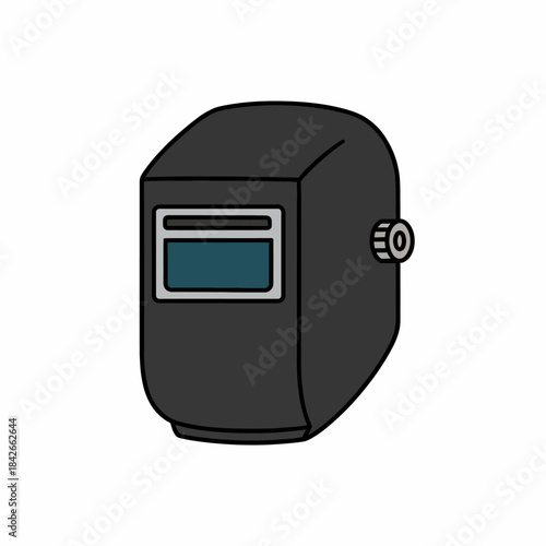 Cartoon illustration of a dark gray welding helmet against a white background