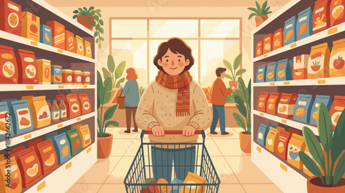 Happy young person wearing a cozy sweater pushes a shopping cart down a grocery store aisle filled with products, in a warm flat vector illustration style
