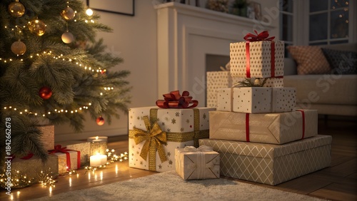 A warm and cozy Christmas scene capturing a festive living room interior at night.
