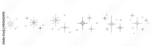 Minimalist Sparkle and Stars Icon Set with Geometric Elements for digital design, holiday cards, packaging, invitations, branding, web layouts, and minimalist decoration. Vector illustration