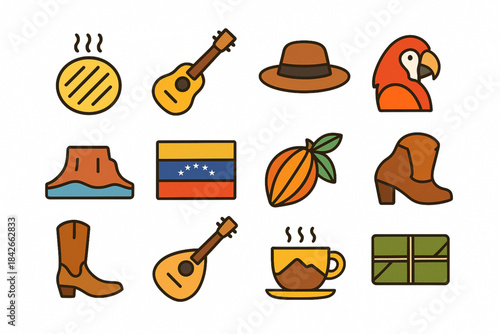 Venezuelan culture icons in flat vector grid with bright tropical palette on white background