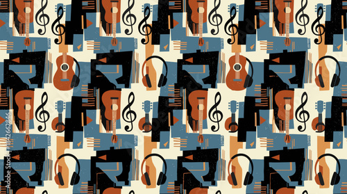 Seamless music pattern with guitars headphones and treble clefs in a retro mid-century modern collage style with a distressed texture and abstract geometric shapes