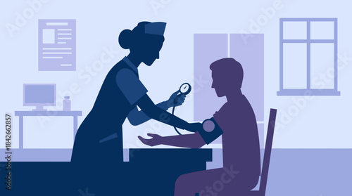 Nurse silhouette measuring a patient's blood pressure with a sphygmomanometer in a doctor's office, a flat design vector illustration in monochromatic blue tones