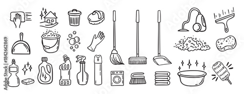 Cleaning kit equipment doodle hand drawn icon set. Outline drawing cleaning inventory, clean tools wash, bucket and mop, spray bottle with detergent cleaner line clipart symbol collection