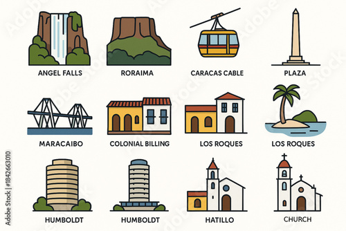 Venezuelan landmark icons in flat vector grid with sharp geometric outlines on white background
