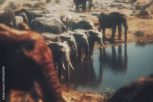 A herd of elephants gathers at a watering hole, their reflections rippling in the tranquil surface under the heat of the midday sun.