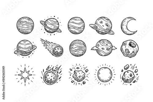 Extensive vector icon set of celestial bodies in vintage monochrome style, featuring planets, moons, suns, and meteorites, ideal for astronomy and space science graphic design.