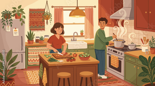 Happy young couple cooking a healthy meal together, a woman chopping vegetables and a man stirring soup in a cozy, warm bohemian kitchen filled with houseplants