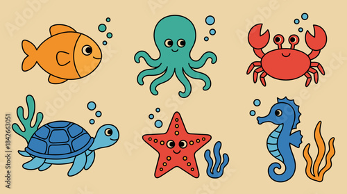 Colorful collection of cute cartoon sea animals including a fish, octopus, crab, turtle, starfish, and seahorse in a simple flat vector illustration style on a beige background