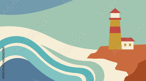 Minimalist red and yellow striped lighthouse stands on a terracotta cliff overlooking stylized ocean waves in this serene coastal landscape with a retro color palette