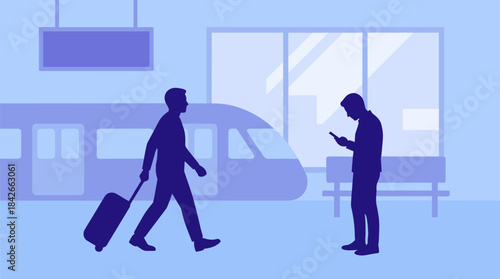 Silhouettes of two male passengers at a modern train station, one walking with luggage and the other using a smartphone while waiting for departure on a blue background