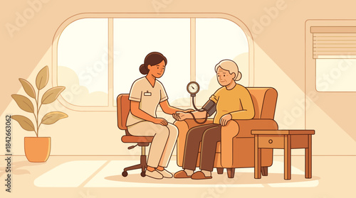 Caring female nurse measuring blood pressure for a senior woman sitting in an armchair during a home visit in a warm, sunlit room, a flat vector illustration