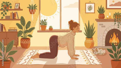 Calm young woman practicing a yoga pose on a mat in a cozy, sunlit living room with a fireplace, houseplants, and a sleeping cat, in a warm flat illustration style
