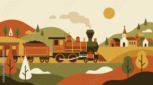 Vintage steam locomotive train illustration traveling through a scenic rural landscape with a small village and rolling hills in a flat, retro style