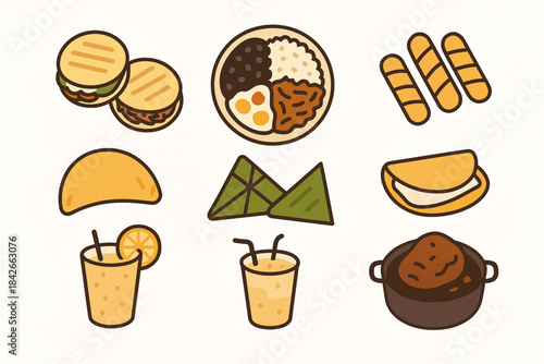 Venezuelan traditional dishes icons in flat vector grid with warm appetizing palette on white background