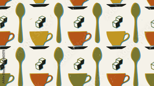 Seamless coffee pattern with cups spoons and sugar in a retro mid-century modern style, featuring a distressed linocut texture and muted earth tone colors on a light background