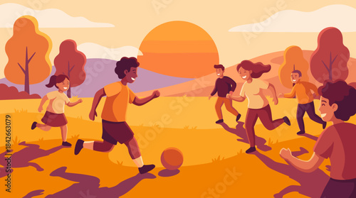 Happy multicultural children and teenagers playing soccer together in a park during a warm golden sunset, depicted in a flat, colorful vector illustration style