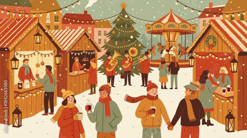 Festive Christmas market illustration with people enjoying mulled wine, a carousel, and a brass band playing carols under falling snow in a cozy, decorated town square