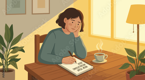 Thoughtful young woman with brown hair sits at a wooden table writing New Year resolutions for 2026, looking pensive and contemplative in a cozy, warm room