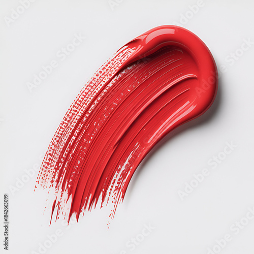 Vibrant red lipstick smear with textured brush strokes on a vactor white background
