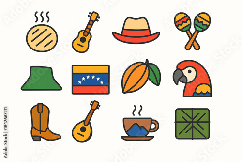 Venezuelan culture icons in flat vector grid with bright tropical palette on white background
