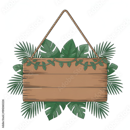 Wooden hanging sign with tropical leaves and vine decoration vactor wooden sign palm leaves