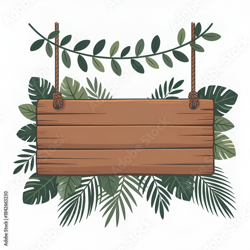 Wooden sign hanging with rope surrounded by tropical leaves and vines vactor hanging sign