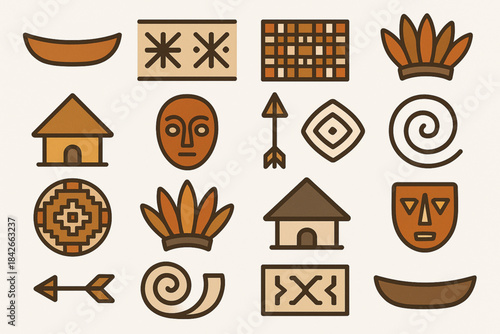 Venezuelan indigenous culture icons in flat vector grid with earthy geometric tones on white background