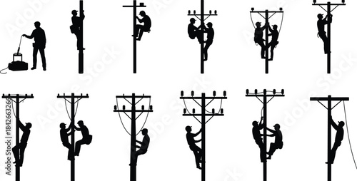 Silhouettes of Linemen Working on Electricity Poles and Climbing lineman electrician