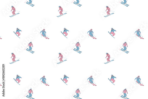 Mini scattered skier pattern for packaging, greeting cards, gift wrap and light winter-themed print products
