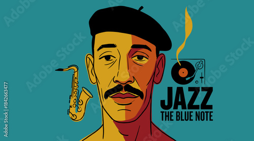 Graphic illustration of a jazz musician with a beret and mustache, a retro poster design with a saxophone and vinyl record on a teal background