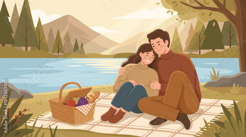 Loving young couple in warm sweaters cuddles on a picnic blanket by a tranquil lake during a romantic date in a beautiful mountain landscape illustration