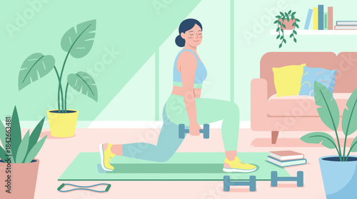 Young athletic woman doing lunges with dumbbells on a yoga mat during a home workout in a cozy, plant-filled living room, illustrating a healthy lifestyle