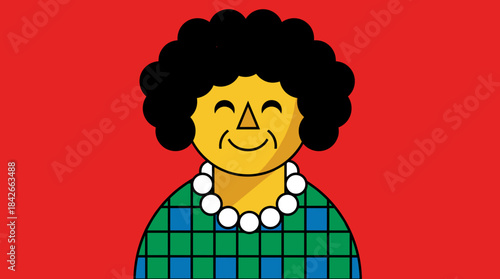 Stylized graphic illustration of a smiling woman with black curly hair, a pearl necklace, and a checkered shirt on a vibrant red background