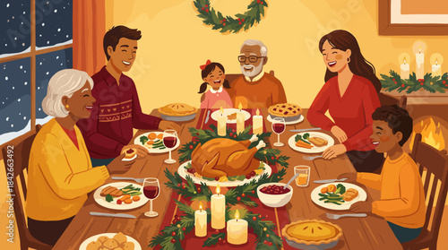 Happy multi-generational diverse family laughing and enjoying a festive holiday meal with a roasted turkey at a decorated dining table in a cozy home with a fireplace